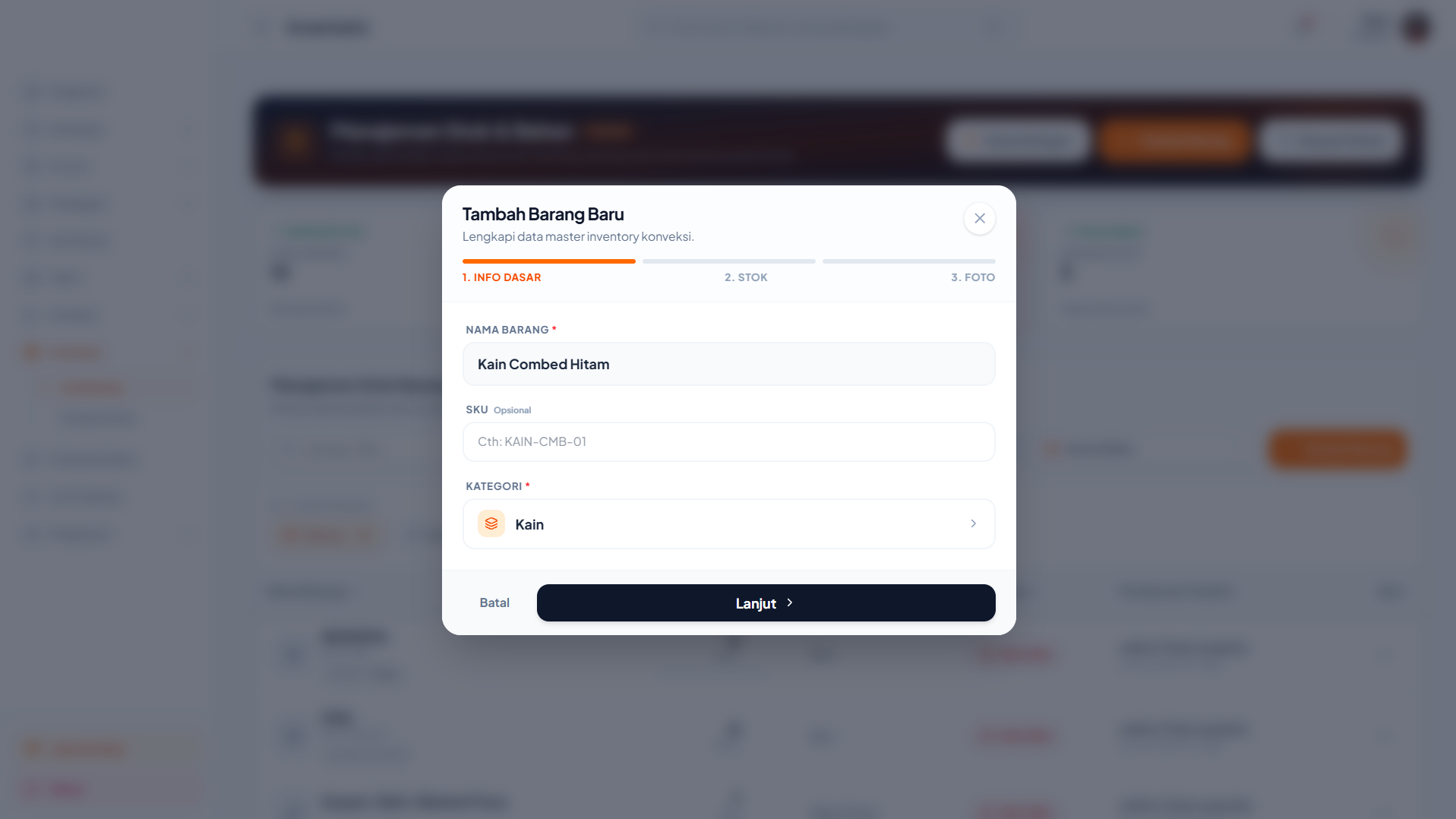 Formulir pendaftaran barang baru dan penentuan kategori kain